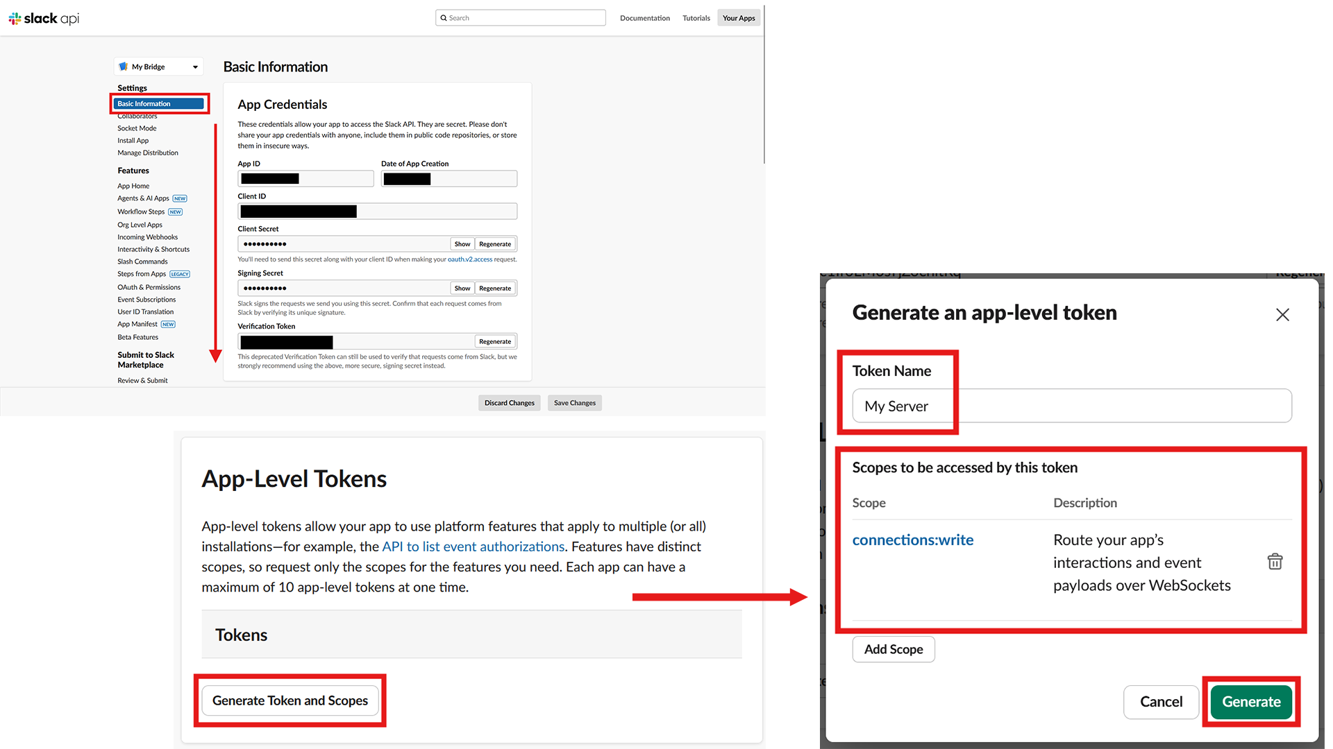 The API Slack App UI for 'My Bridge', with a red box around the 'Basic Information' tab and an  arrow headed down the page. There is a section labeled 'App-Level Tokens' with a red box around a button inside labeled 'Generate Token and Scopes'. There is a red arrow pointing from there to a modal labeled 'Generate an app-level token'.  There is a red box surrounding a section labeled 'Token Name' with 'My Server' filled in. There is another section labeled 'Scopes to be accessed by this token' with a red box around it. The 'connections:write' scope is selected. There is  a red box around the 'Generate' button.