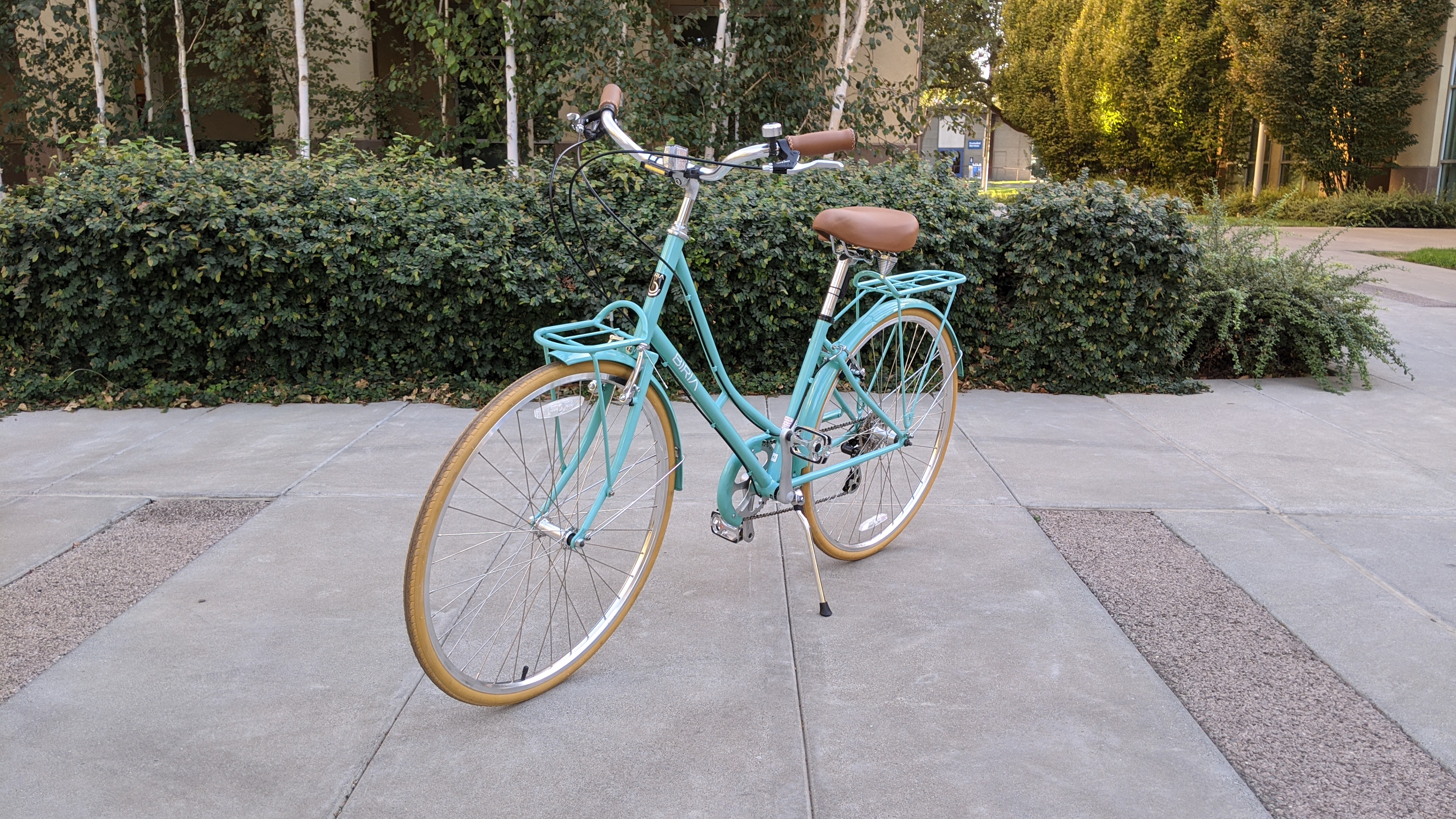 A teal city bike in front of some plants. The text Biria is in white text on the down tube.