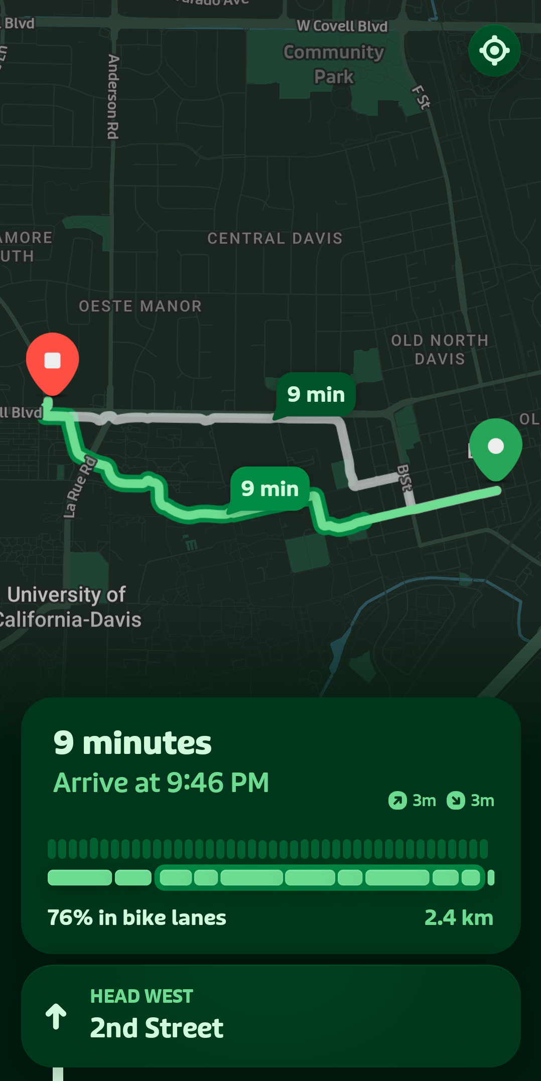 A screenshot of the Transit App, showing a bike route through Davis, California, indicating 76% in bike lanes.