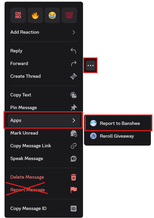 The three dots next to a Discord message being selected, then apps being selected, then the text 'Report to Banshee' being selected.