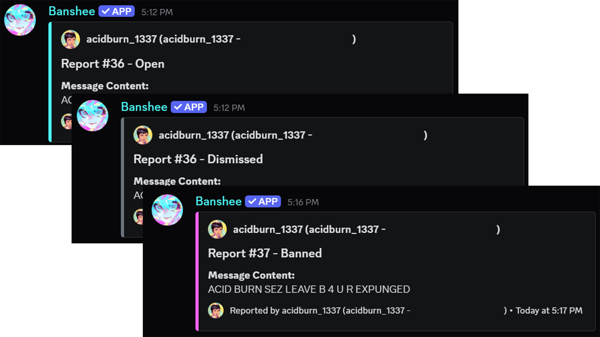 Three overlapping screenshots of color coded Discord rich embeds for an open report, a dismissed report, and a banned report.
